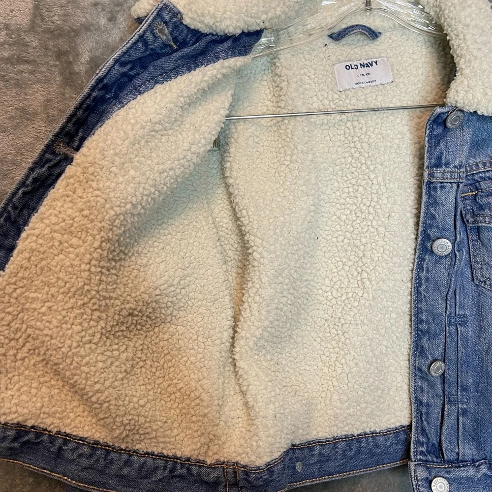 Old Navy Girls 90s Sherpa Lined Jean Trucker Cropped Blue Denim Jacket L 10/12